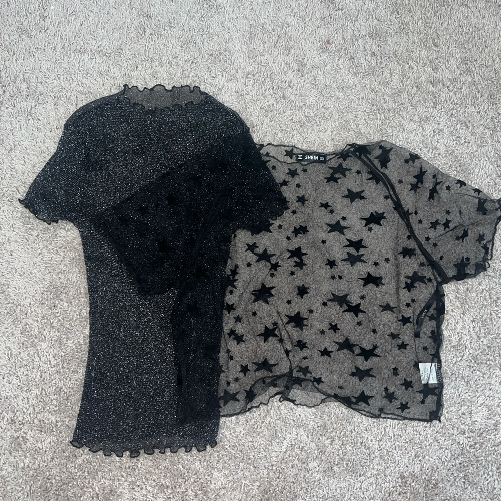 SHEIN Mesh Star Cropped Top Size S and Mesh Lettuce Trim Glitter Top Size XS